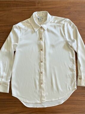 Rachel Zoe Men's Ivory Long-Sleeve Button-Up Dress Shirt Satin Medium